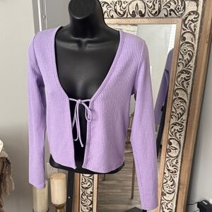 Divided Lavender Ribbed Tie-Front Cardigan